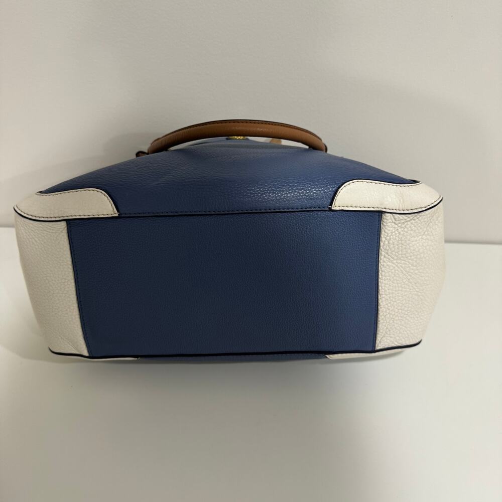 Tory Burch Frances Satchel Pebbled Leather Blue White Brown Colorblock Tote - Picture 10 of 13